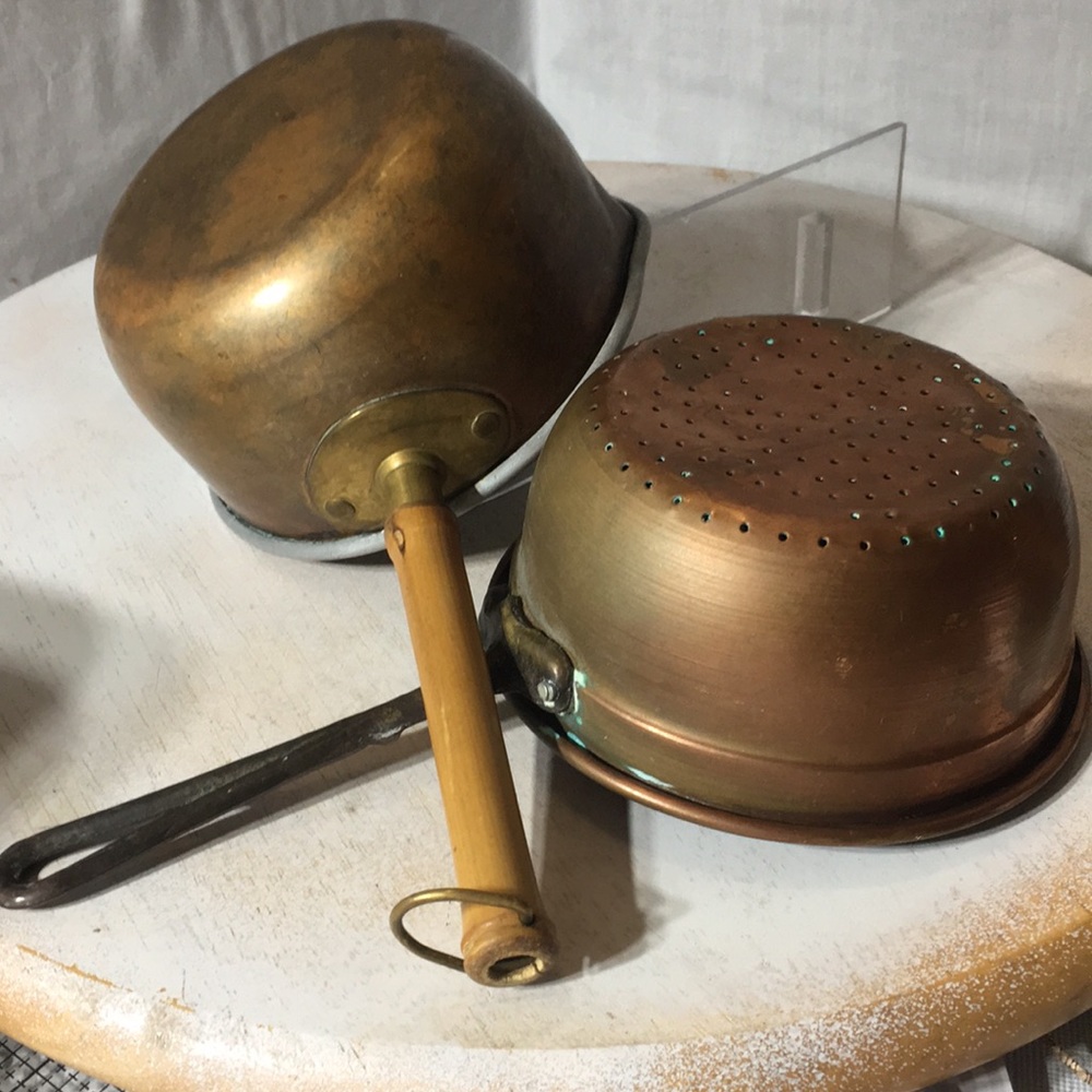 Primitive vintage copper kitchen utensils small dipper/strainer
